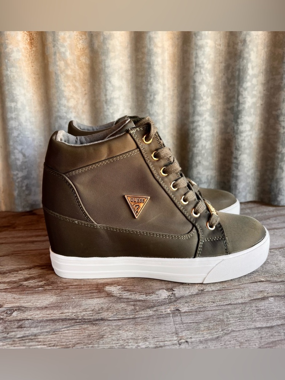 GUESS Olive Green Wedge Sneakers with White Platform